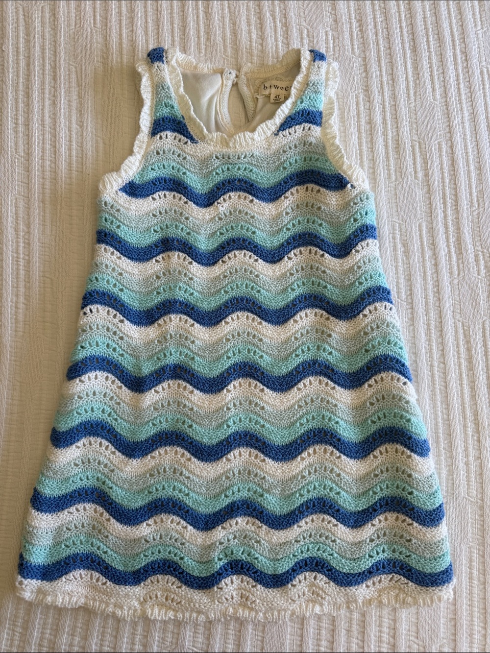 btween White Knit Tank Dress with Navy and Aqua Wave Stripes